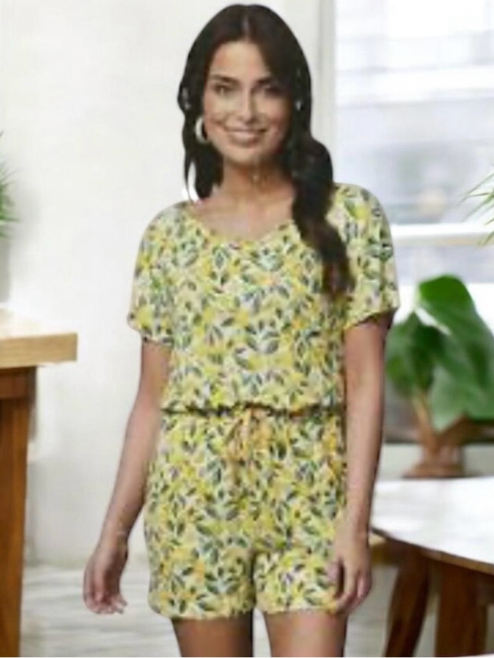 Citrus Lemon Print Romper Sz XL Tie Waist Shorts Summer Vacation Amalfi Style